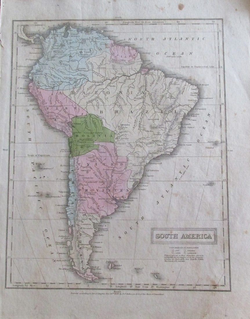 Early Map of South America 1829: Map of South America Hand Colored Map. Cartographer: E. Huntington Publisher D. F. Robinson Dated: 1829 Dimensions: 11 x 8" Condition Report Good plus Subject References: 108F Early Maps United