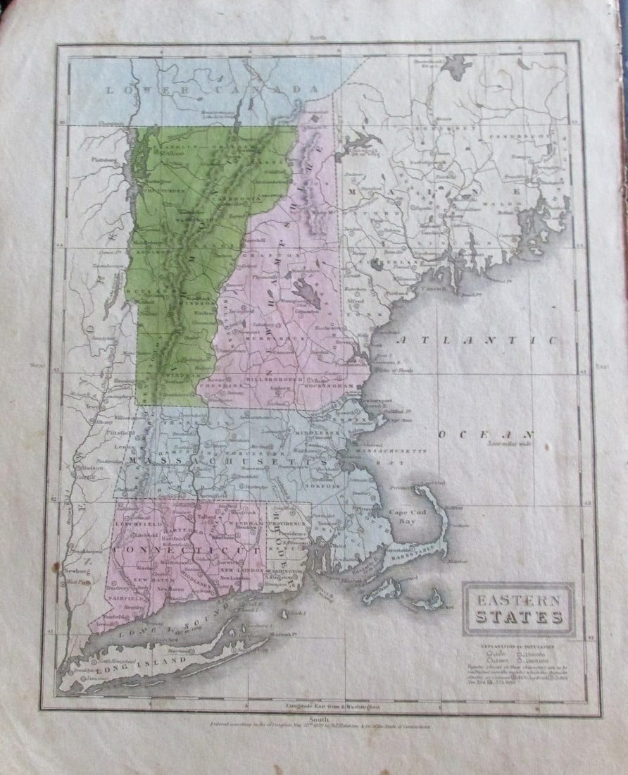 Early Map of the Eastern States 1829: Early Map of Eastern States Hand Colored Map. Cartographer: E. Huntington Publisher D. F. Robinson Dated: 1829 Dimensions: 11 x 8"