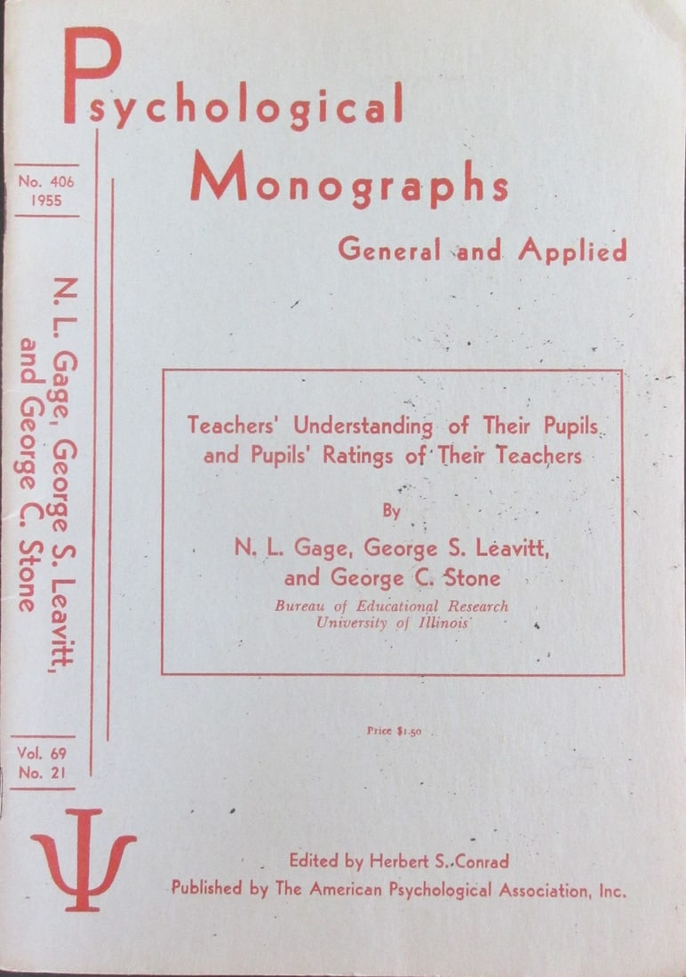 Teacher's Understanding of Their Pupils 1955: Teacher's Understanding of Their Pupils and Pupils Ratings of Their Teachers Interesting insight of education in the 1950's Author: N. L. Gage et al. Dated: 1955 Pages: 37 Publisher: American