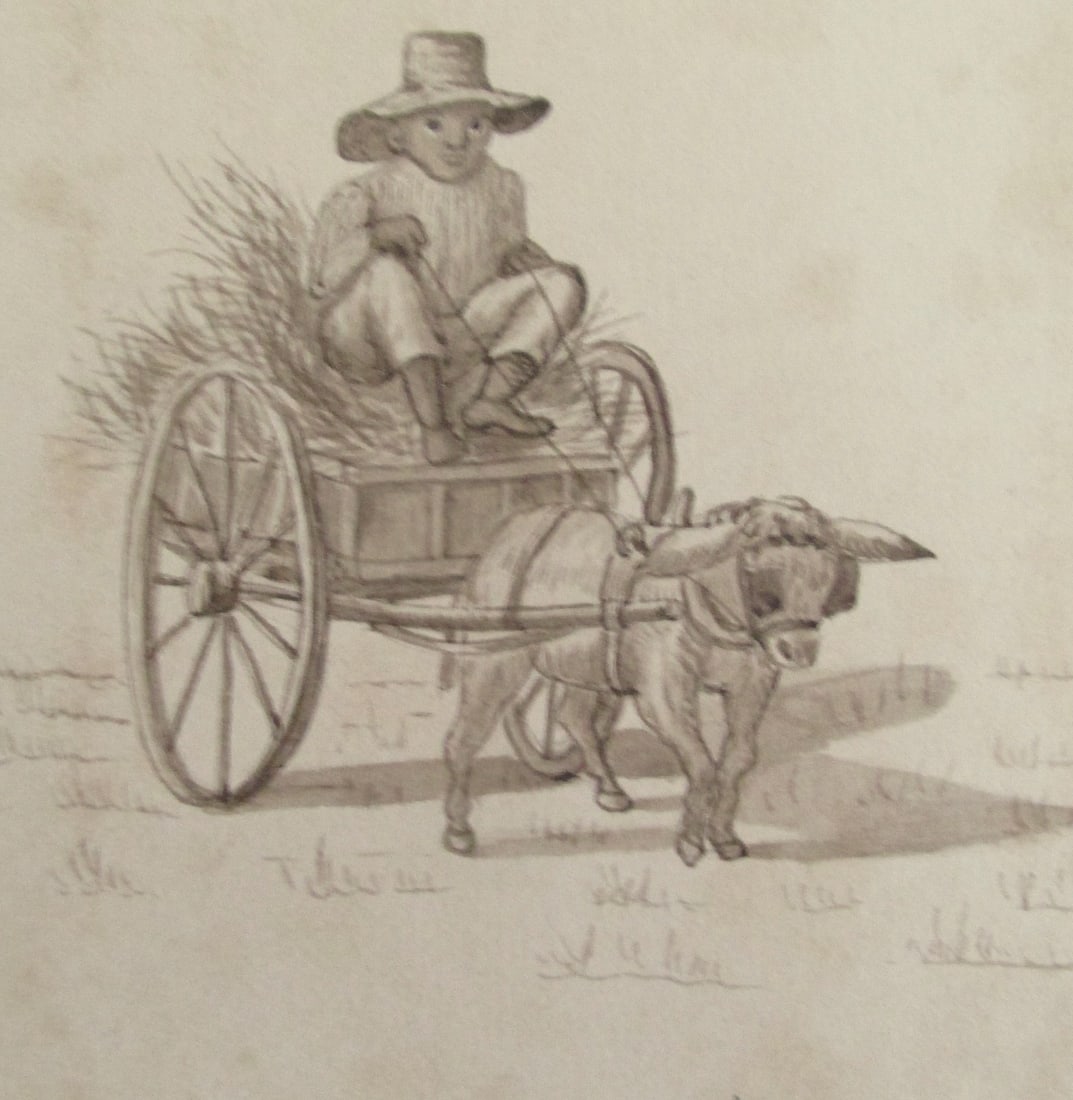 Black Man In Cart and Horse: Black Man In Cart and Horse Medium: Watercolor wash Date: Circa 1860 Signed: E L M Size: 8 1/2 X 7" Condition: Some foxing and brown section. Good. Subject References: 143F