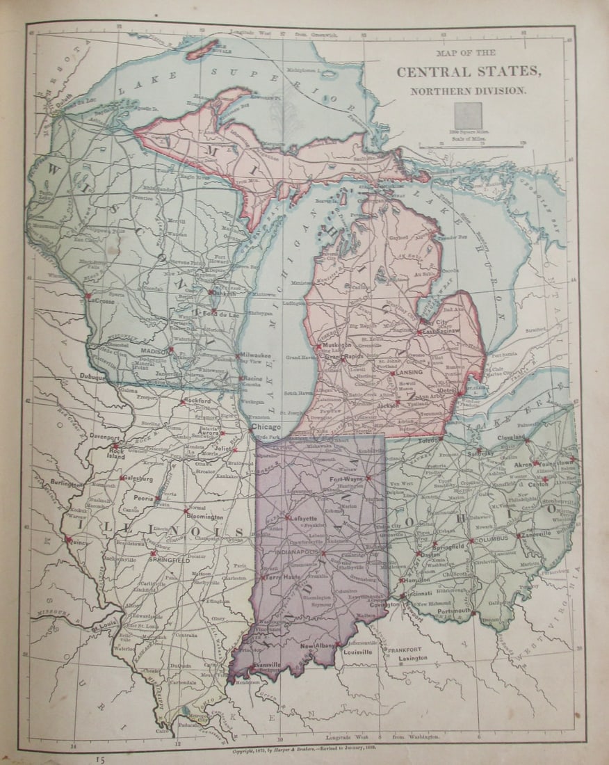 Map of Central States - Northern Division: Map of Central States - Northern Division Color Map. Publisher Harper Brothers Dated: 1888 Dimensions: 12 x 9" Condition Report Text on v