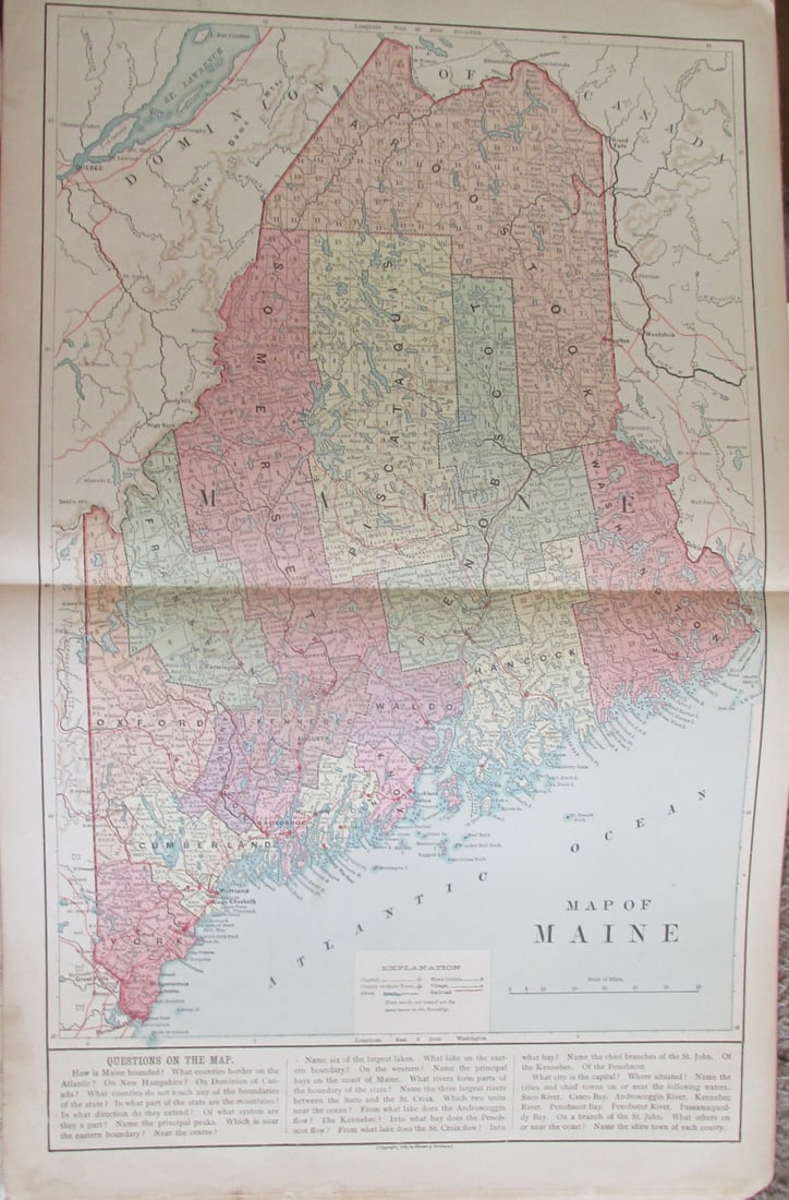 Map of Maine Circa 1888: Map of Maine Color Map. Questions on the Map at base. Publisher Harper Brothers Dated: Circa 1888 Dimensions: 20 x 12" Condition Report Fold in center as issued. Text on verso. Good Plus. 