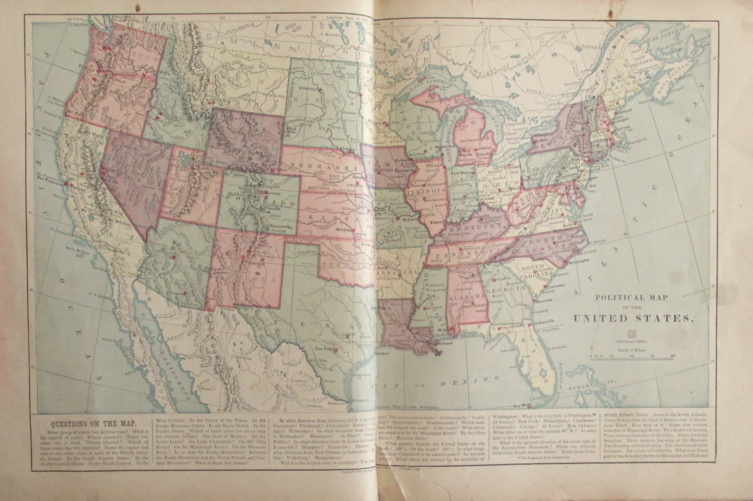 Political Map of The United States: Political Map of The United States Color Map. Publisher Harper Brothers Dated: 1888 Dimensions: 12 x 9" Condition Report Text on verso.
