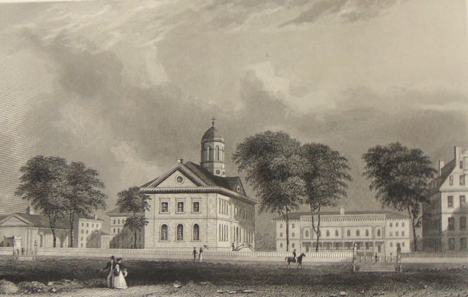 Harvard University Cambridge Massachusetts: Harvard University Cambridge Massachusetts A fine 19th-century engraving, titled "Harvard University, Cambridge, Mass.", which captures a serene view of the historic campus. The image is an architectu
