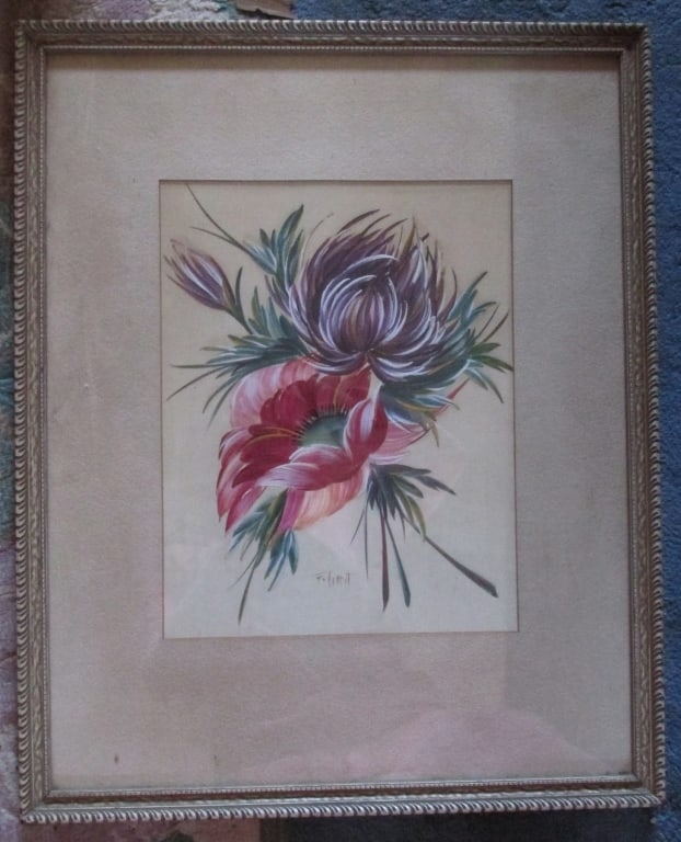 F. Garnt (American 20th Century) Red & Purple: Red & Purple Flowers F. Garnt (American 20th century) A quite beautiful painting. Excellently done. Medium: Oil on silk Date: Circa 1930 Signed: Middle bottom Style: Floral Origin: American Size: