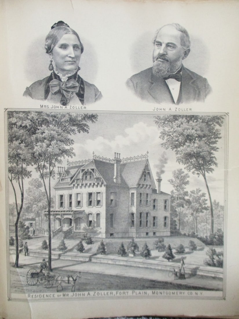 Residence of John A Zoller Ft Plain Montgomery Co: Residence of Mr. John A. Zoller, Fort Plain, Montgomery Co., New York Artist: Attrib. Frederick W. Beers Print Type: Stone Lithograph Date: Circa 1870's</