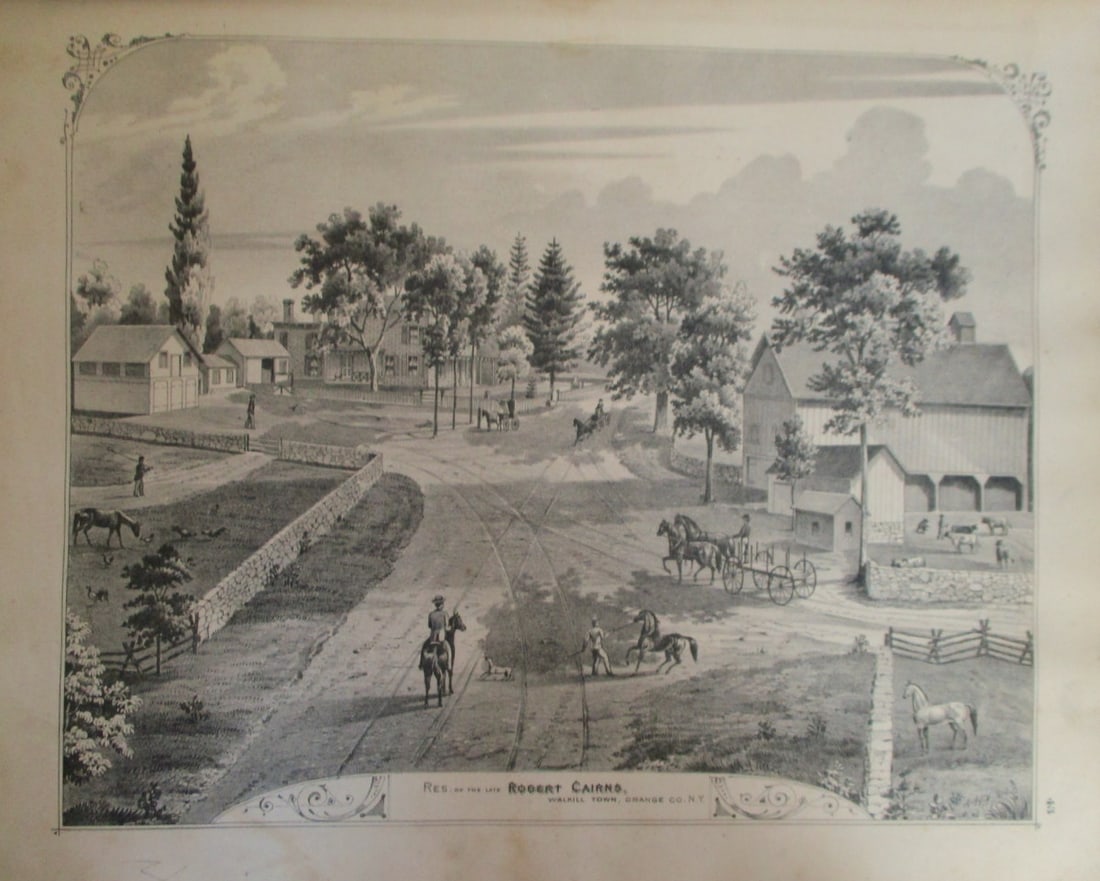 Residence of Robert Cairns - Walkill Town NY: Residence of the Late Robert Cairns Walkill Town, Orange Co. NY A view of 19th century Residence & Farm. Artist: F. W. Beers Print Type: Lithograph