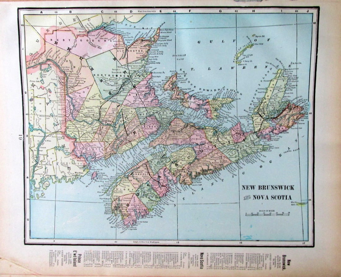 Large Map of Newfoundland [Canada]: Map of Newfoundland Canada With map of New Brunswick and Nova Scotia [and] Ontario on versos Cartographer: George Franklin Cram Dated: Circa 1900 Type: Color Lithograph Dimensions: 14 1/2 x 22"
