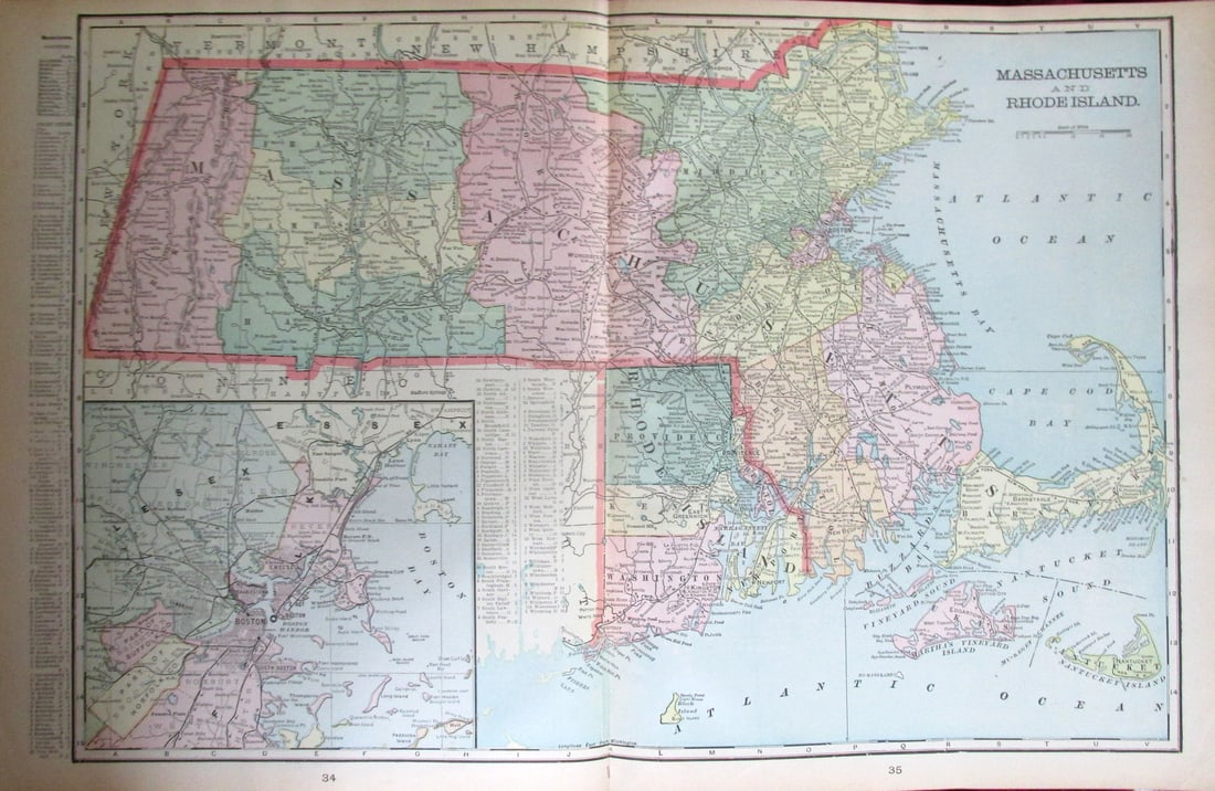 Large Map of Massachusetts & Rhode Island: Map of Massachusetts and Rhode Island With map of the Adirondack Mountains and the White Mountains [and] Rhode Island [seperately] on versos Cartographer: George Franklin Cram Dated: Circa 1900