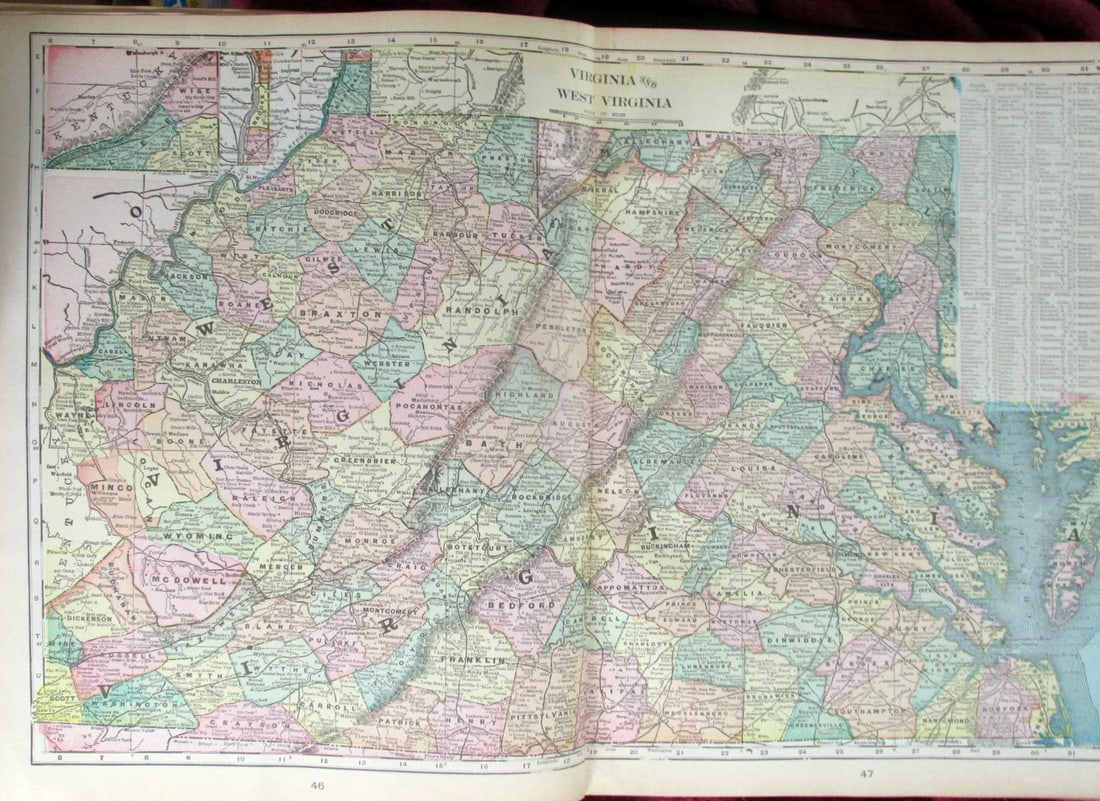 Large Map of Virginia & West Virginia: Map of Virginia & West Virginia With map of Ohio [and] Indiana on versos Cartographer: George Franklin Cram Dated: Circa 1900 Type: Color Lithograph Dimensions: 14 1/2 x 22" Notes & Literature: