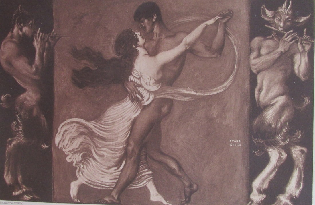 Franz Von Stuck - The Dance (Der Tanz): Der Tanz (The Dance) Shows a woman dancing with naked man. Horned Devil and Pan on sides. Image Size 7 1/2 x 5" Sheet size 8 x 12" Engraver Hanfstaengl. Artist: Fra
