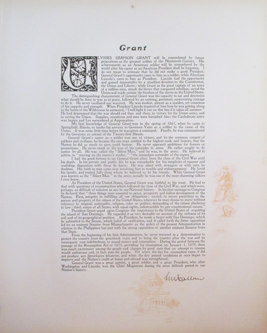 Tribute To President Ulysses S. Grant: Tribute To President Ulysses S. Grant by Shelby M. Cullom - US Senator From Illinois Large Folio. With Color Side Remarks Print Type: Engraving Signed: In P