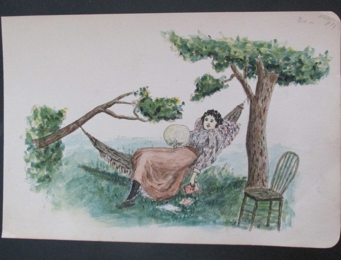 Edwardian Woman on Hammmock Watercolor (1 of 1)