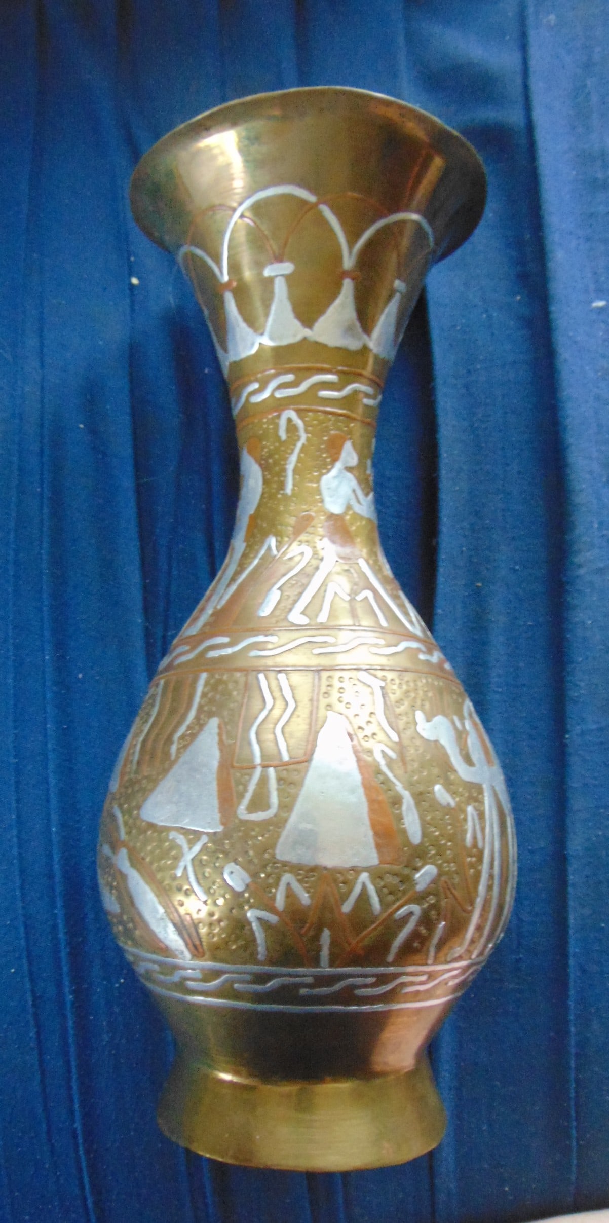 Egyptian Brass Silver Copper Vase: Egyptian Brass Silver Copper Vase Inset with copper and silver.. Has Sphinx, Pyramids, Camel and other objects. Origin: Egypt Date/Period: Circa 1920 Type: World Tour? Dim