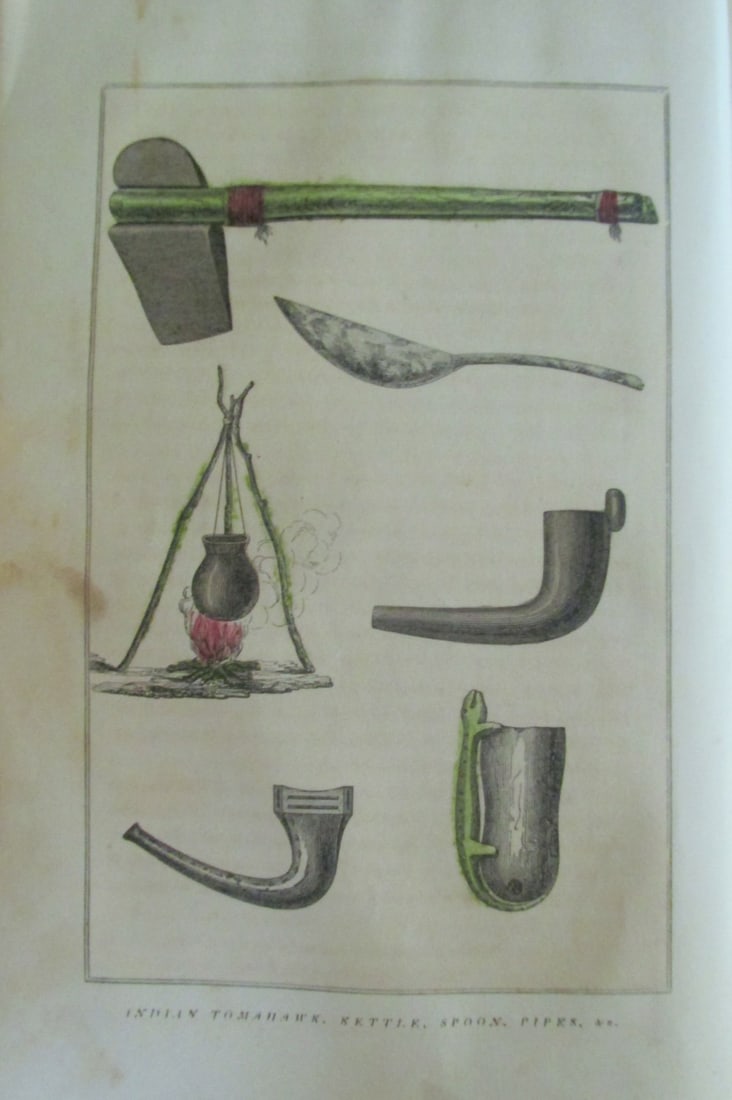 Indian Tomahawk, Kettle Spoon & Pipes: Indian Tomahawk, Kettle Spoon & Pipes Hand Colored Print Type: Engraving Date: C1850 Origin: America Dimensions: 9 x 5" Provenance: Hill House Subject: Tribes - Chiefs - Native Americans Condition