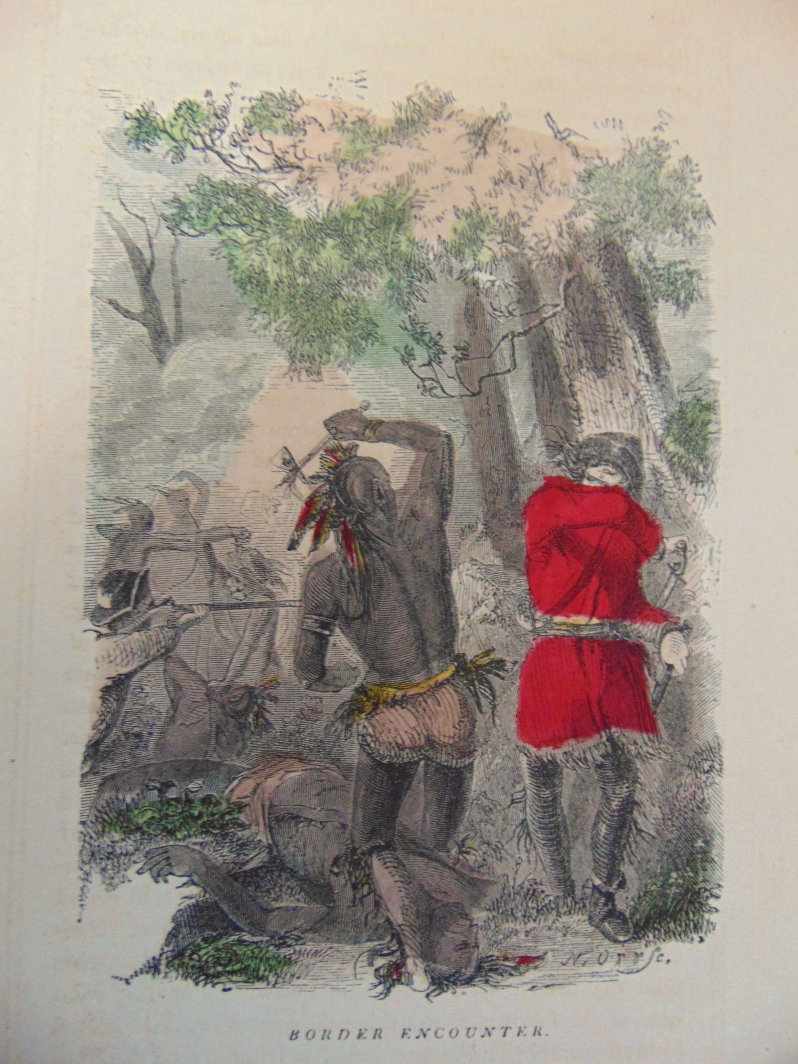 Indian Border Encounter: Indian Border Encounter Hand Colored Print Type: Engraving Date: C1850 Origin: America Dimensions: 9 x 5" Provenance: Hill House Subject: Tribes - Chiefs - Native Americans Condition Report: Good