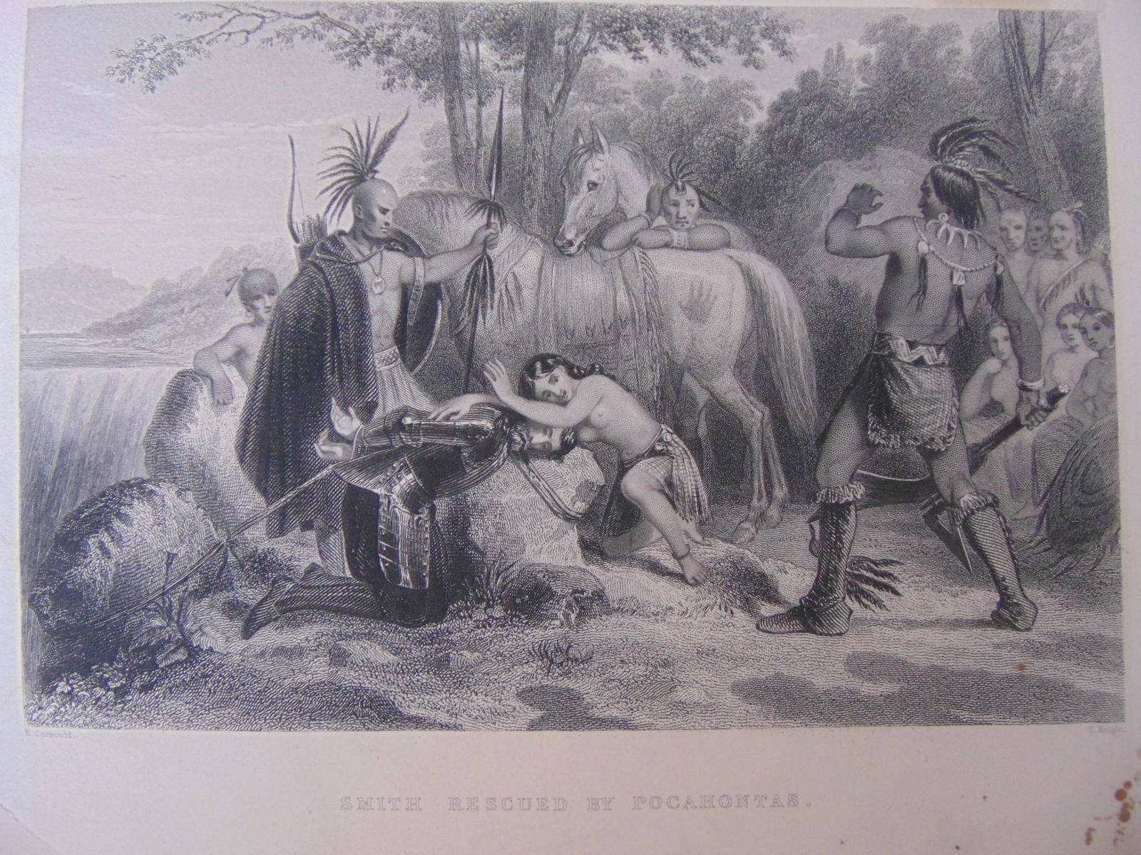 Smith Rescued by Pocahontas: Smith Rescued by Pocahontas Print is neatly tipped in with unattached toned mat. Print Type: Engraving Date: 1850 Dimensions: 12.5 x 10.5" Provenance: Hill House Print Collection Notes &