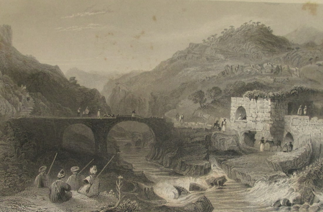 Kahn and Bridge Near the Source of the Damour: Kahn and Bridge Near the Source of the Damour Artist: William Henry Bartlett Print Type: Engraved Date: 1838 Publisher: Fisher and Sons Dimensions: 11 x 8" Provenance: Hill House Condition Report:
