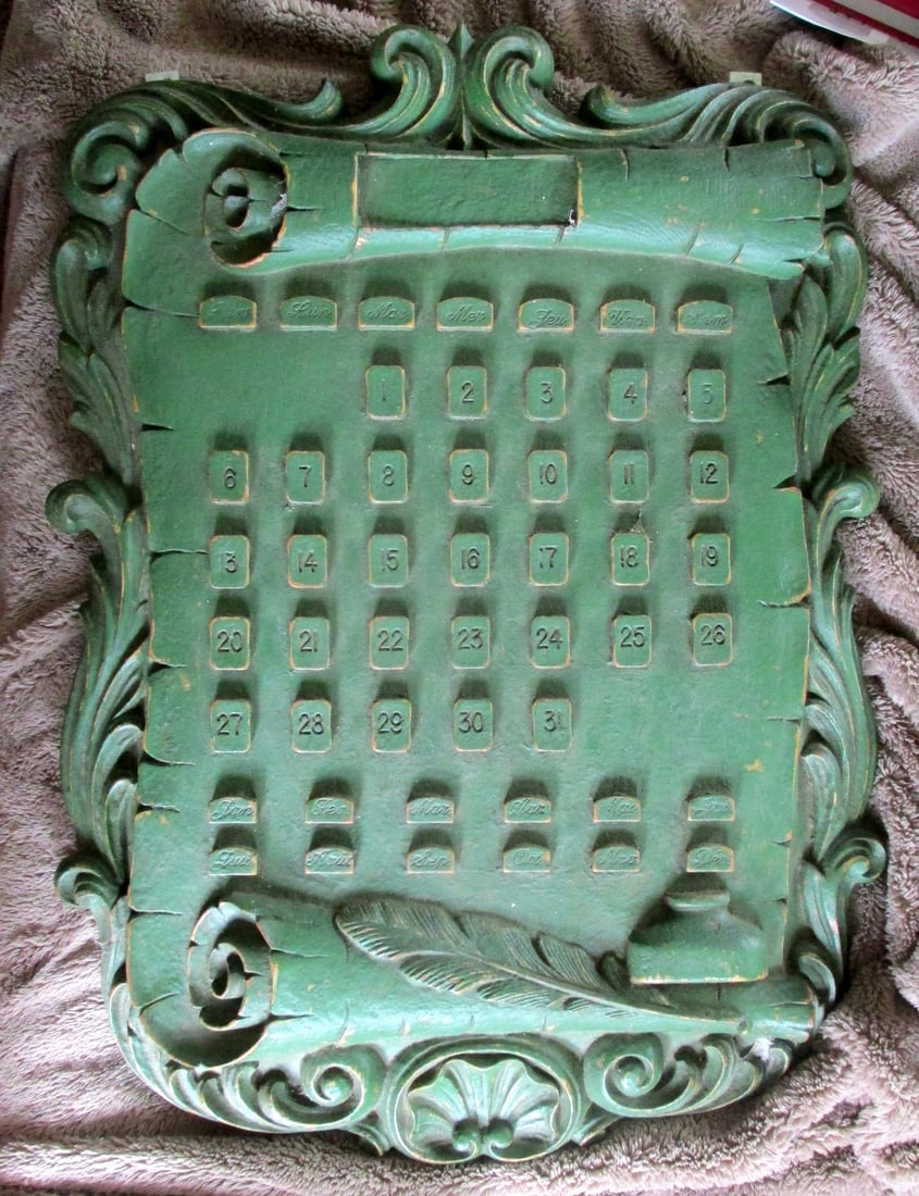 Early French Perpetual Calendar: Early French Perpetual Calendar with Scroll and Shell Design An amazing calendar with Week Days at Top, Dates in Center and Months at bottom. Completely decorated edges scrolls, shell and inkwell and