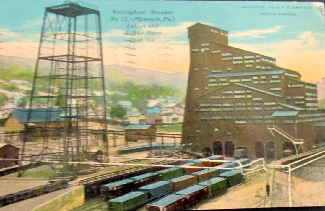 Nottingham Breaker No. 15 Coal Co. RPPC: Nottingham Breaker No. 15 Coal Co. RPPC Plymouth, Pa. Leigh and Wilkes Barre Coal Co. Writing on verso. Type/Theme: Coal Mining Provenance: Hill House Condition Report Good Plus to Very Good. 