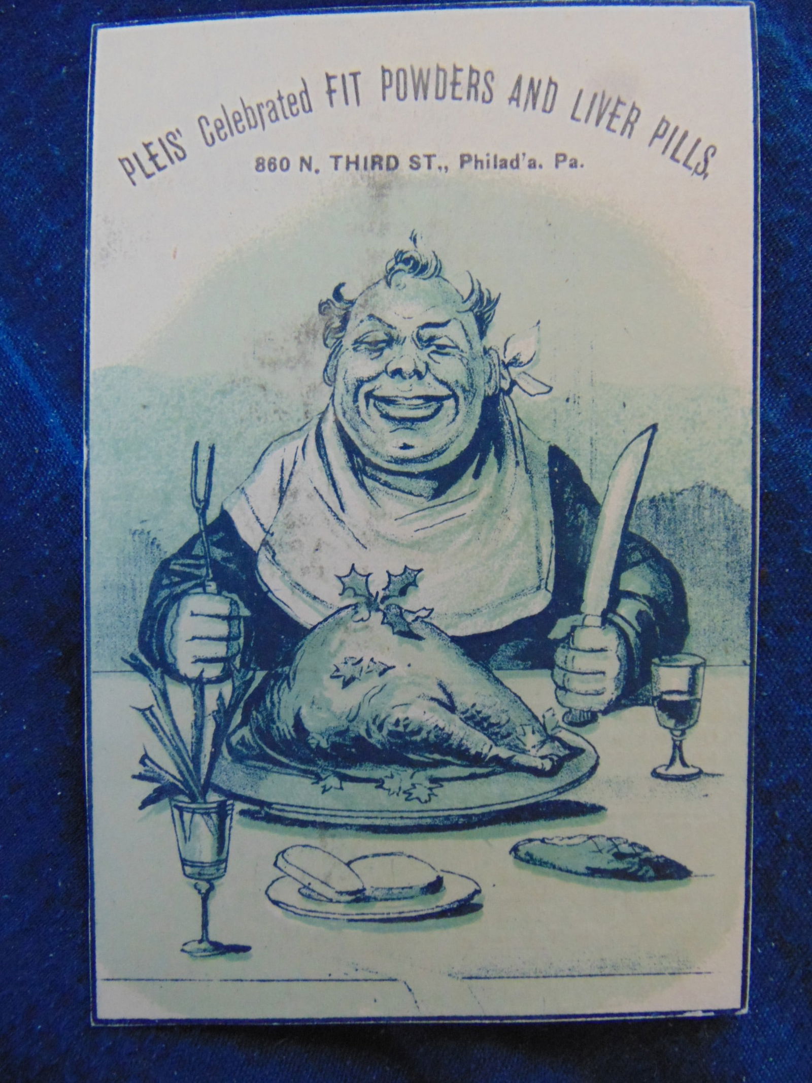 Pleis Celebrated Fit Powders and Liver Pills: Pleis Celebrated Fit Powders and Liver Pills Showing Overindulgent Dinner Guest. For the Cure of Epilepsy, spasms, convulsions, St. Vitus Dance, Neuralgia, Nervousness and all Nervous Affections. John