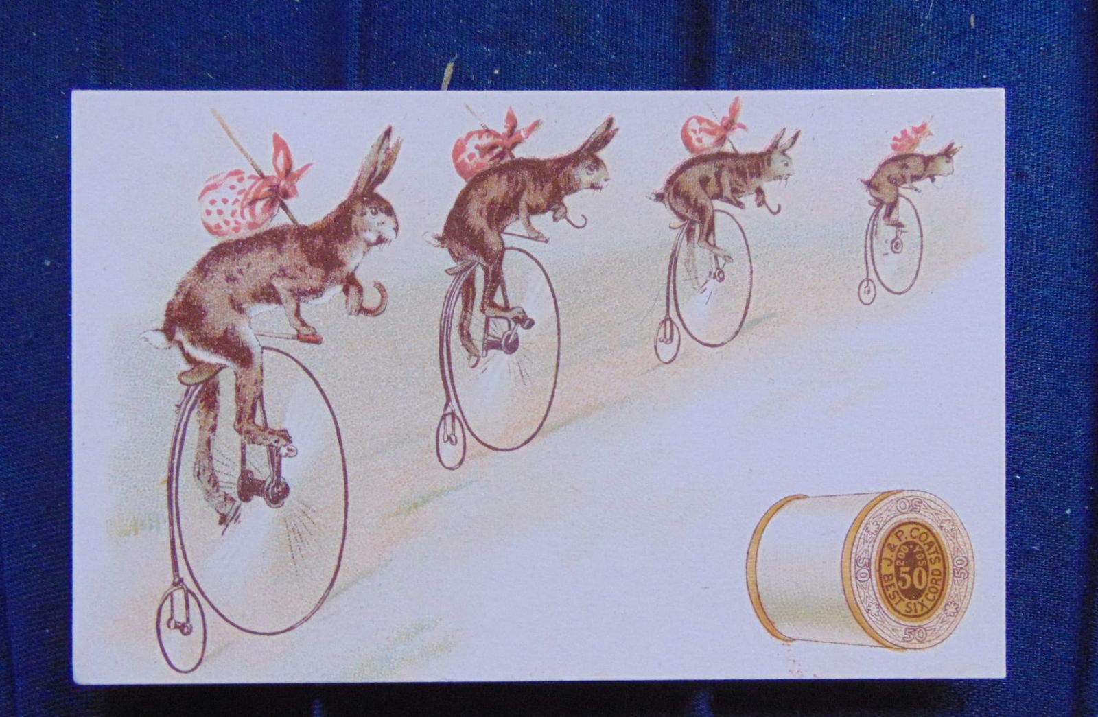 Four Rabbits on High Wheel - Trade Card: Victorian Trade Card Rabbits/Hares Riding on High Wheel Bicycles J.P. Coats Spool Thread Hares Riding on High Wheel Bicycles Six Cord Advertiser: J & P Coats Product: Chromolithograph Trade Card