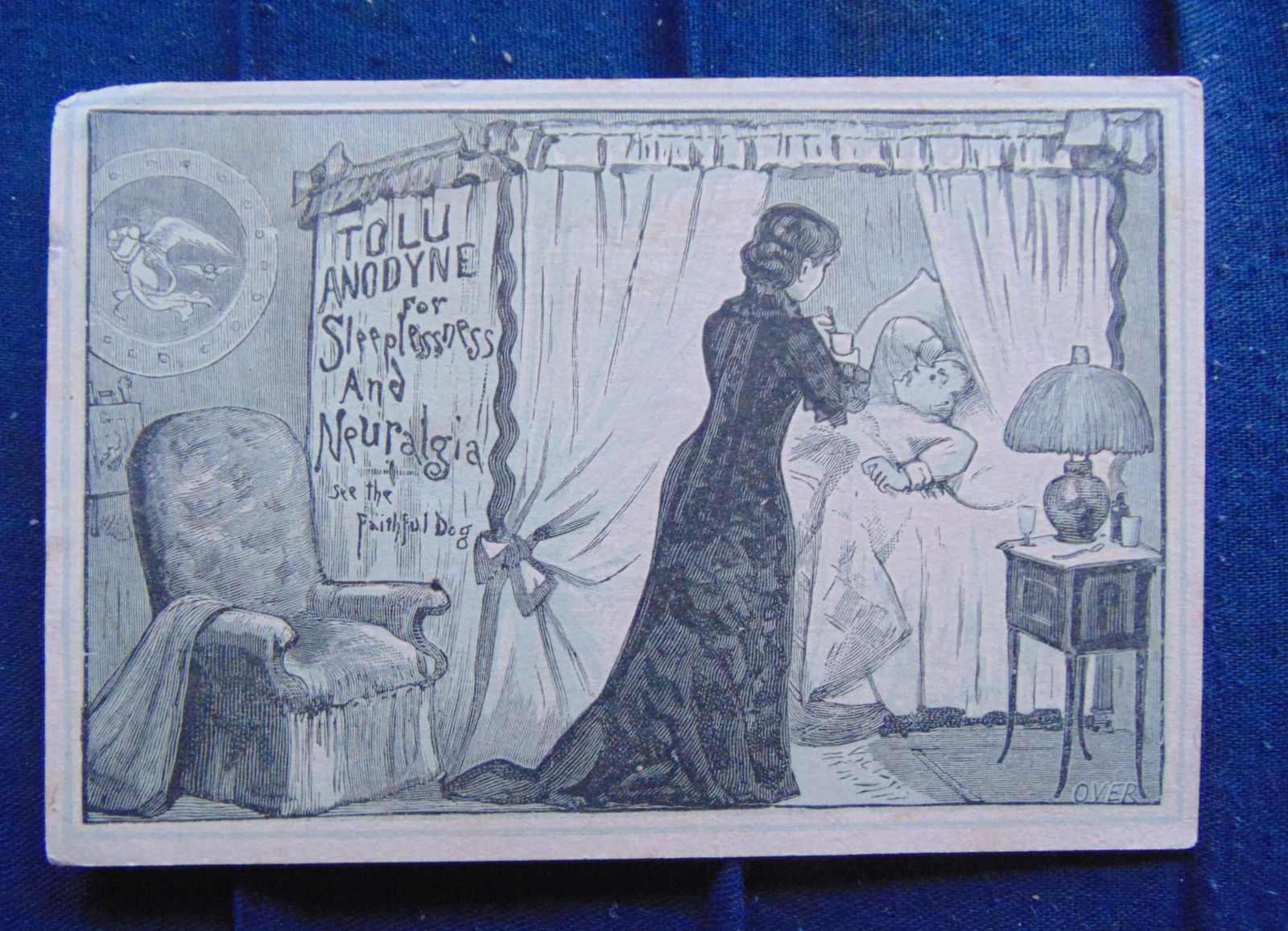 Tolu Anodyne Sleep Neuralgia - Trade Card: Victorian Trade Card - Tolu Anodyne Sleep Neuralgia Rare Advertiser: Tolu Anodyne Sleep Neuralgia Product: Monochromatic Provenance: Hill House Advertising Collection Condition Report Very Good