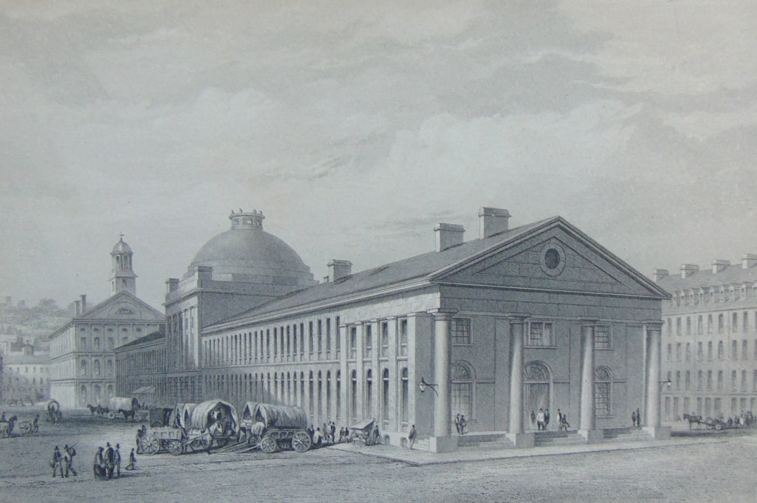 View of the Market House - Faneuil Hall 1826: View of the (Quincey) Market Place in 1826 and of Faneuil Hall From The East Rare Artist: Hammatt Billings Sculptor/Engraver Wagstaff & Andrews Print Type: Engraving Dime