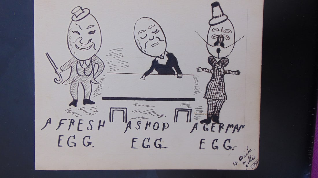 A Fresh Egg - A Shop Egg - A German Egg: A Fresh Egg - A Shop Egg - A German Egg Artist: D Wicks Mellis Medium: Pen & Ink Date: April 26, 1915? Signed: D Wicks Mellis Size: 6