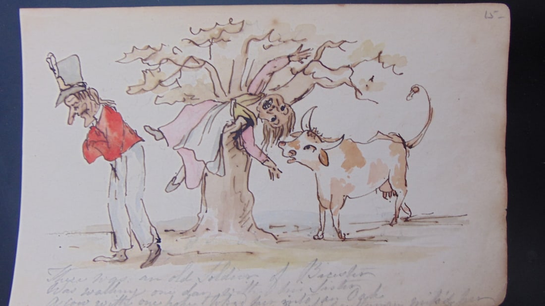 Old Soldier has Sister Poked by a Cow: Old Soldier has Sister Poked by a Cow Story of picture written at bottom. Medium: Brown Ink & Watercolor Date: c1910 Signed: Unsigned Size: