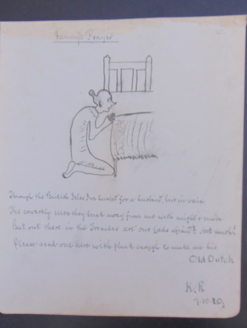 Fanny's Prayer - World War I: Fanny's Prayer - World War I Medium: Pen and Ink Date: 7/10/1920 Signed: KR Style: Original Illustraton Size: 8 1/2 x 7" Subject References: 143F