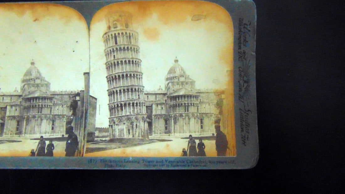 The Famous Leaning Tower of Pisa Italy: The Famous Leaning Tower and Venerable Cathedral 800 Years Old Pisa Italy Photographer: Underwood Dated: 1902 Medium: Stereoview Condition Report Toning. Fair Subjec