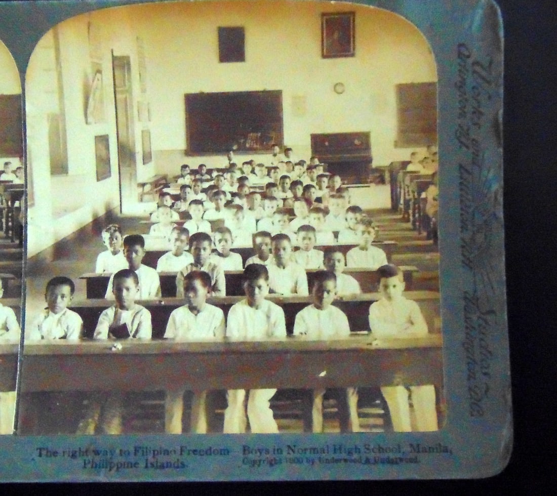 Philippine Boys In Normal High School Minila: The Right Way To Filipino Freedom Philippine Islands Boys In Normal High School Manila Photographer: Underwood Dated: 1902 Medium: Stereoview Condition Report Toning. Good