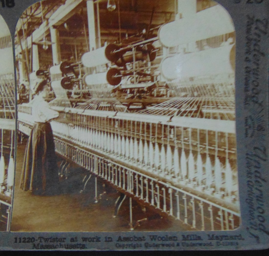 Twister At Work Assobat Woolen Mills Maynard Mass: Twister At Work in Assobat Woolen Mills Maynard Massachusetts - Rare Black and white image shows female worker standing at a twister. Two or more threads of yarn may be twisted together with a given