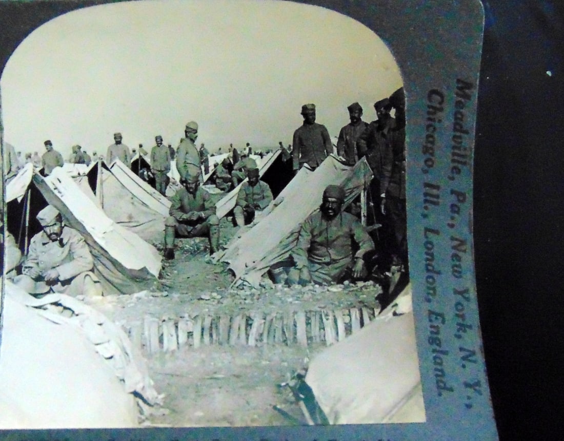 Serbian Camp Back of Front Line in the Balkins: A Serbian Rest Camp Back of Front Line in the Trenches in the Balkins Photographer: Underwood Medium: Stereoview Condition Report Toning. Very Good Subject References: Ste