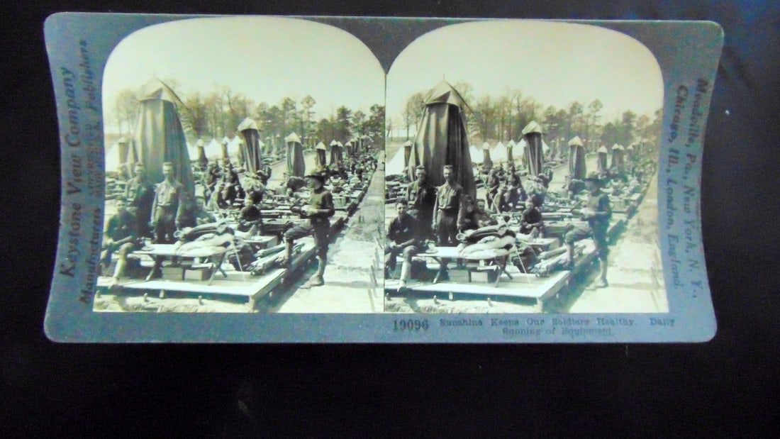 Sunshine Keeps Our Troops Healthy: Sunshine Keeps Our Troops Healthy - Daily Sunning of Equipment Photographer: Underwood Medium: Stereoview Condition Report Very Good Subject References: Stereoview Stereoviews Stereo View Card