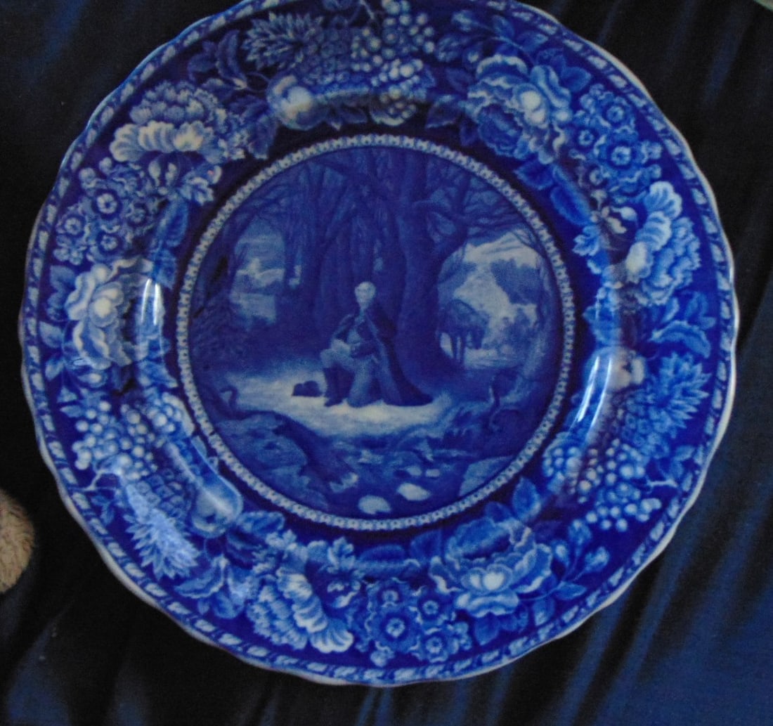 Washington Praying at Valley Forge 1777: Washington Praying at Valley Forge 1777 Potting spur marks present reverse. Date/Period: 19th century Pre 1890 Type: Blue & White - Flow Blue Dimensions: 10" Provenance: Hill House Notes &