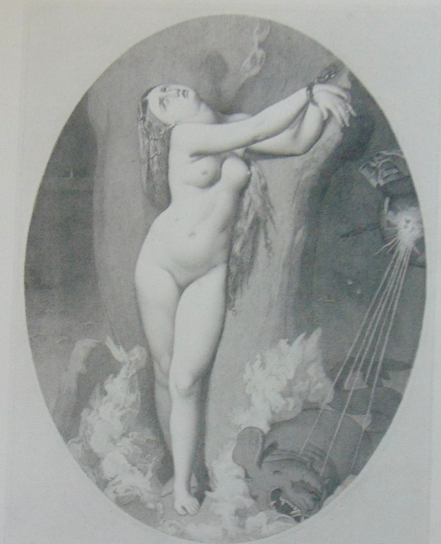 Andromeda: Andromeda Showing a naked lady chained to a tree and a unknown animal at her feet. Artist: Ingres, J. A. D. Print Type: Engraving Date: C1850 Publisher: Gebbie & Barrie Dimensions: 9 1/2 x 12 1/2