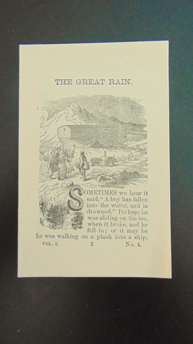 The Great Rain - Showing Noah's Ark: The Great Rain - Showing Noah's Ark Print Type: Engraving Date: Circa 1860 Dimensions: 4 1/4 x 3" Condition Report: Very Good Subject References: 109F