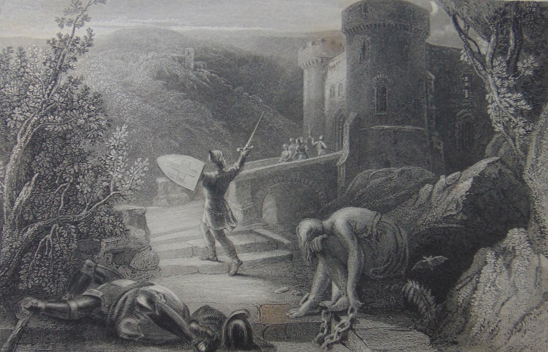 Destruction of Doubting Castle: Destruction of Doubting Castle Print Type: Engraving Date: 1836 Publisher: Fisher and Son Dimensions: 11 x 8" Notes & Literature: Condition Report: Fine Subject References: 181