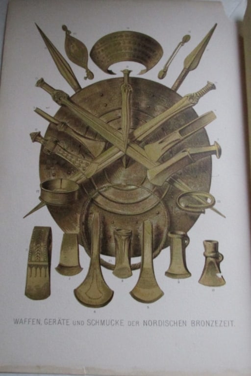 Weapons and Decorations of the Hallstatt Period: Weapons and Decorations of the Hallstatt Period & others (3) 2 have top corners absent. Text in German Print Type: Chromolithographs Date: 19th/early 20th century Origin: German Dimensions: 10 x