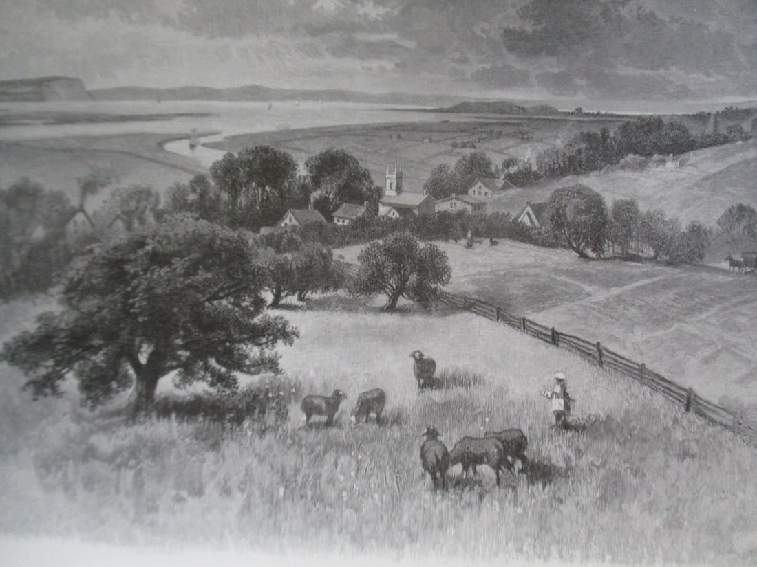 Grand Pre & Basin of Minas from Wolfville - Canada: Grand Pre & Basin of Minas from Wolfville Canada Artist: After F. B. Schell Print Type: Wood Engraving Signed: In plate Date: Circa 188