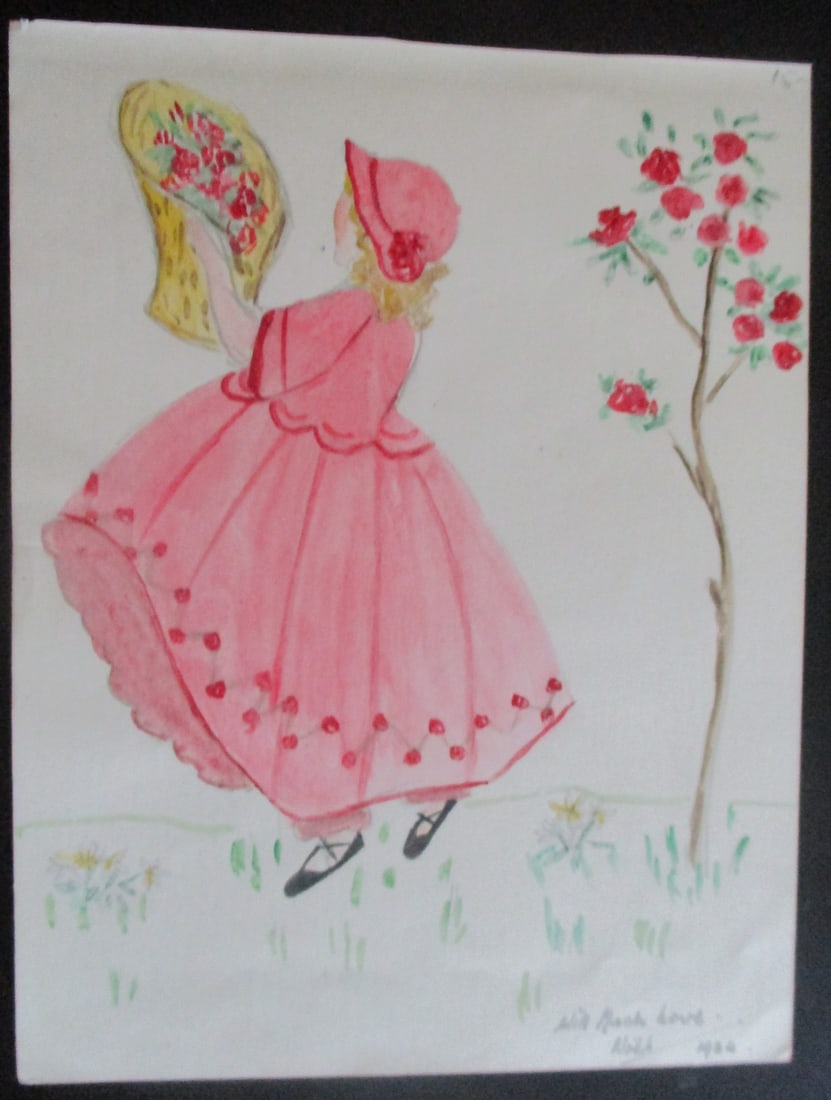 Girl In Red Dress with Bouquet of Flowers: Girl In Red Dress with Bouquet of Flowers Medium: Watercolor Date: 1934 Signed: Noel Size: 6 3/4 x 5" Condition: Very Good