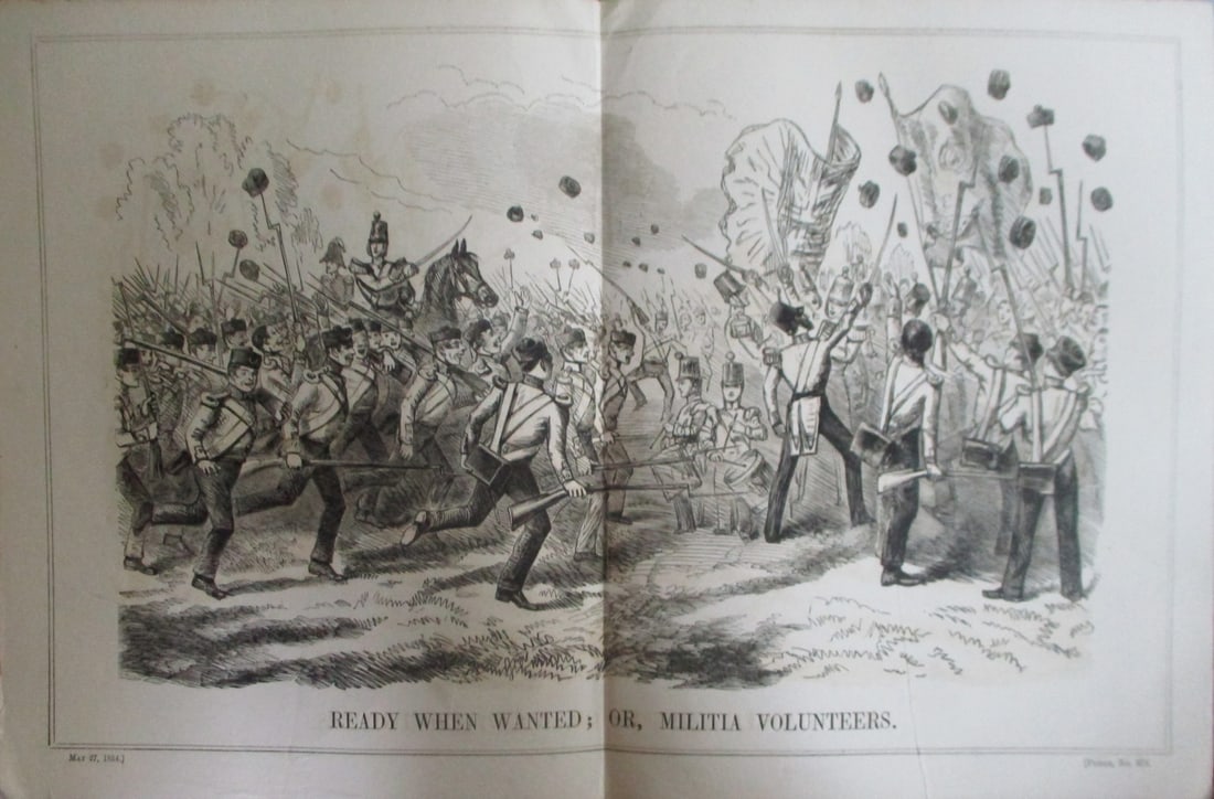 Militia Volunteers - Punch Engraving: Ready When Wanted or Militia Volunteers Double page engraving Print Type: Engraving Date: May 27, 1854 Publisher: Punch or the London Charivari