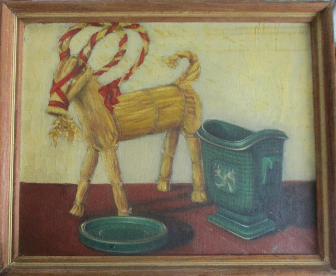 Straw Horse - American School: Straw Horse Signed Illegible. American School Medium: Oil on Canvas O/C Signed: Illegible Origin: American School Size: 18 x 24"