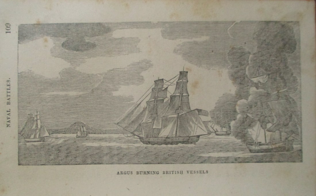 Argus Burning British Vessels - Naval Battle: Argus Burning British Vessels - Naval Battle Print Type: Wood Engraving Origin: United States Dimensions: 4 3/4 x 7 1/2" Provenance: Hi