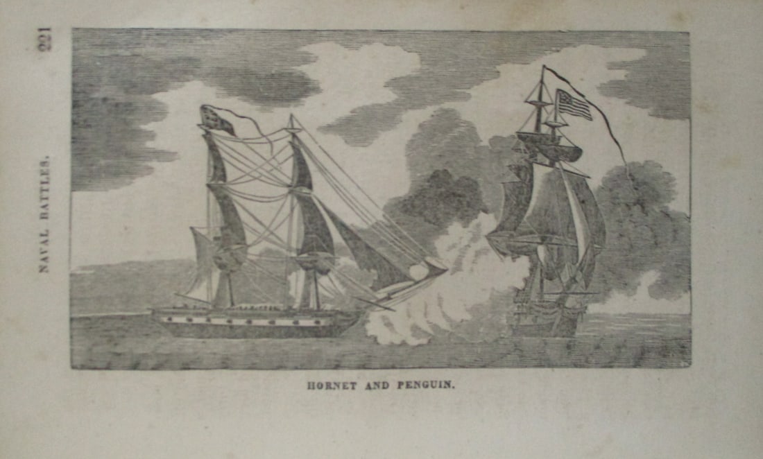 Hornet and Penguin - Naval Battles: Hornet and Penguin - Naval Battles Print Type: Wood Engraving Origin: United States Dimensions: 4 3/4 x 7 1/2" Provenance: Hill House
