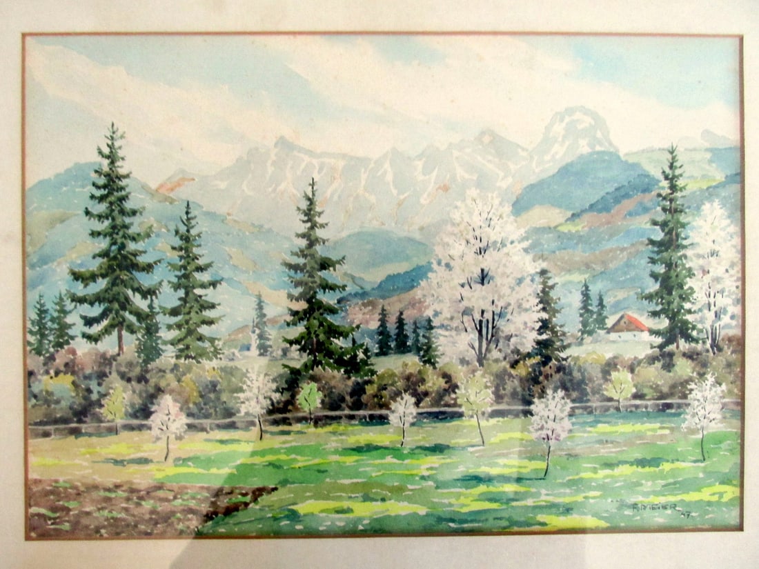 F. Meier (American School 1947): Valley Home Possibly North Western California or Washington. Artist: F. Meier (Amerian School) Medium: Watercolor Date: 1947 Signed: L/R