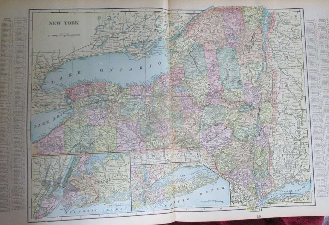 Large Map of New York: Map of New York With map of the Connecticut [and] Long Island and Brooklyn on versos Cartographer: George Franklin Cram Dated: Circa 1900 Type: Col