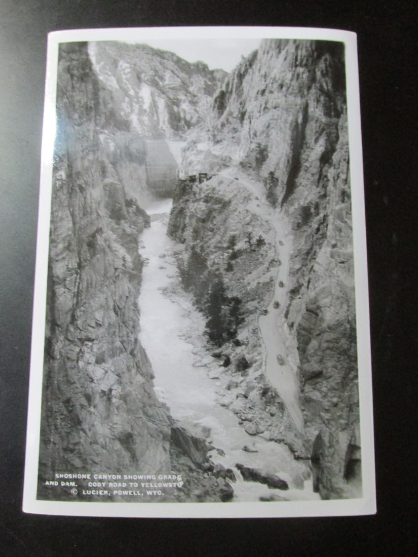 Shoshone Canyon - Yellowstone - Albert G. Lucier: Shoshone Canyon Showing Grade and Dam - Cody Road to Yellowstone Wyoming. Signed and titled in photograph - Lucier, Powell, Wyo. - This exact photograph is held by the George E